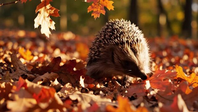 Autumn scene with a hedgehog exploring through fallen leaves on forest floor.