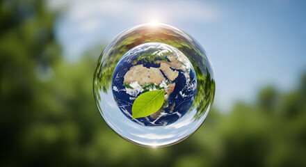 Earth in a bubble surrounded by nature and sunlight