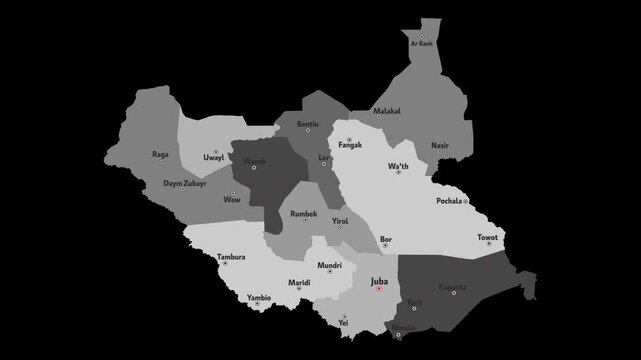 Vector map of South Sudan with names of cities and with borders city