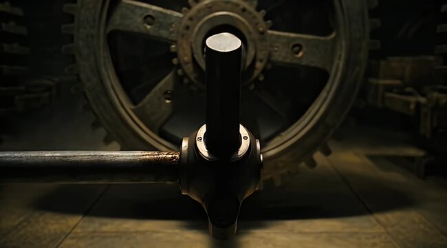 Large metallic gears and connecting shafts line up in a dimly lit industrial space