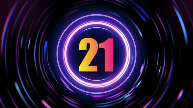 Glowing neon number 21 animation with colorful gradient effect on dark background