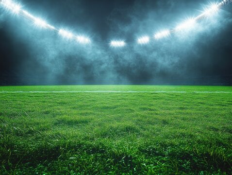 empty illuminated grass stadium under bright floodlights and mist at night conveying dramatic anticipation