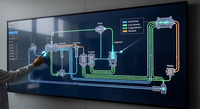 Persons hand points to a detailed flow chart or schematic displayed on a large, modern digital screen, illustrating an industrial process.