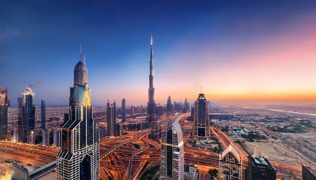 dubai burj khalifa skyline tallest building in the world panorama top view at twilight downtown