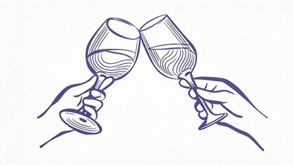 Naklejka premium Two hands holding wine glasses clinking together in a toast minimalist line art illustration celebration cheers party concept purple vector sketch on white background friendship