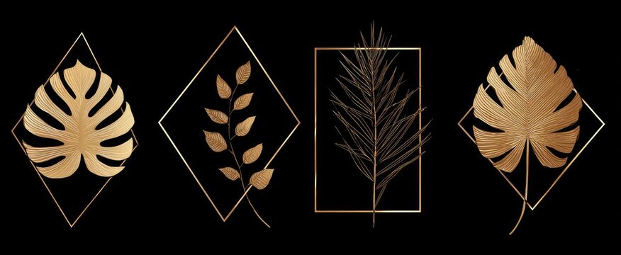 Gold leaves in diamond and square frames on a black background