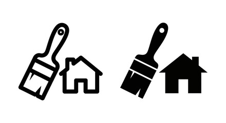 Obraz premium Black and white icons of paint brushes with house silhouettes for home improvement or construction concepts