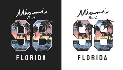 Fototapeta premium Miami calligraphy slogan with number on sunset beach sky background - hand drawn
