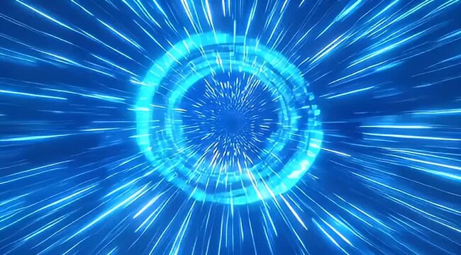 Futuristic blue light tunnel with high speed motion blur, glowing neon energy portal, sci-fi hyperspace warp effect for cinematic backgrounds