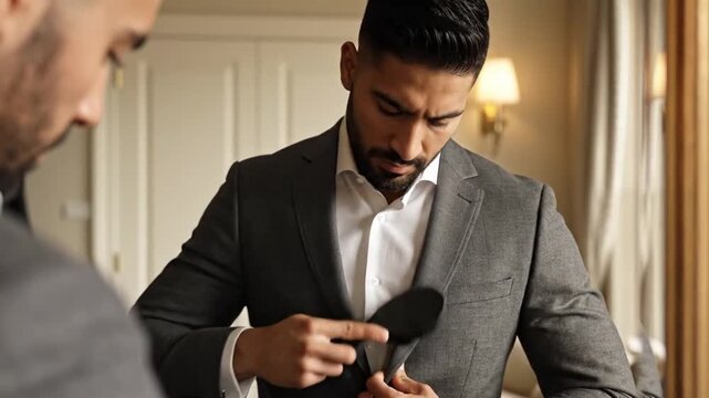 Gentleman Adjusts Attire. Man In Formal Wear Readies Himself For Professional Engagement. An Impeccably Dressed Gentleman Arranges Himself Before Significant Business Appointment In Luxurious Setting