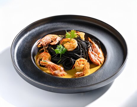scampi with inkfish pasta and curry sauce shallow
