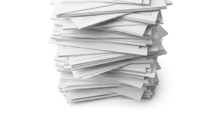 Large stack of white office paper documents. Messy pile of printed records and business forms. Organization and administrative burden. Concept of heavy workload and paperwork management.