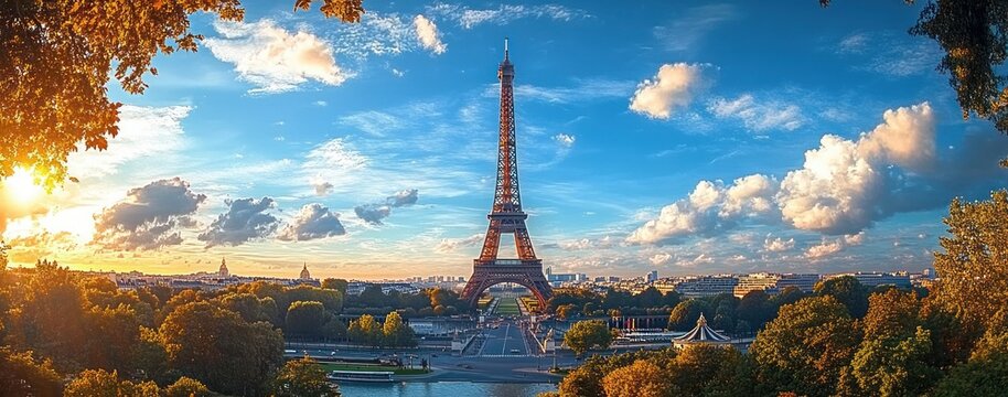 Sunset over the iron lattice tower rising above a tree-lined riverfront with boats, blue sky and dramatic clouds, glowing golden light and a serene, awe-filled atmosphere