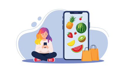 Fototapeta premium Young girl with colorful hair sitting and using her phone next to a giant smartphone displaying a variety of fresh colorful fruits.