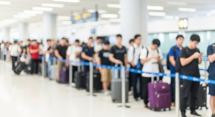 Fototapeta premium Blurred crowd of passengers waiting in queue at airport terminal. Travelers standing with luggage in line at check-in counter. Concept of travel, tourism, vacation and global transit.