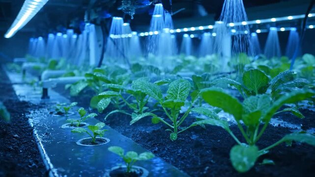 Hydroponic plants growing with blue LED lights and water spray system indoor.