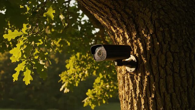 Security camera mounted on tree trunk with oak leaves for outdoor surveillance.