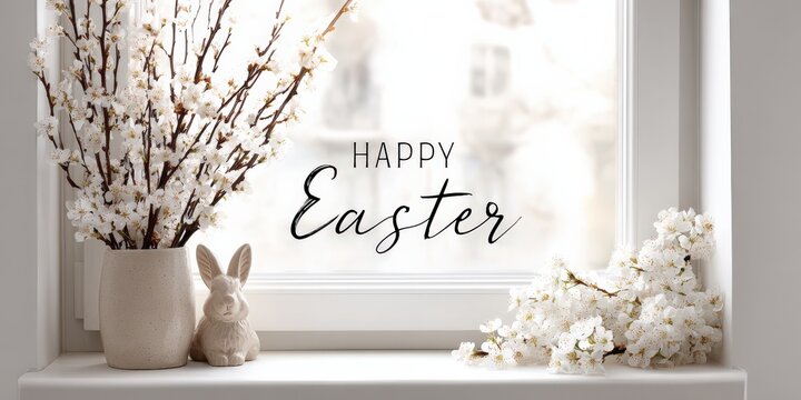 Elegant Easter Scene: Adorned with delicate cherry blossoms, a charming ceramic bunny, and a heartwarming greeting. ..Created with Generative AI, not depicting real subjects.
