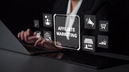 Fototapeta premium Affiliate marketing connects brands and marketers. Marketing through affiliate links drives sales. Affiliate programs reward. Digital marketing and affiliate strategies boost online revenue. Muxer