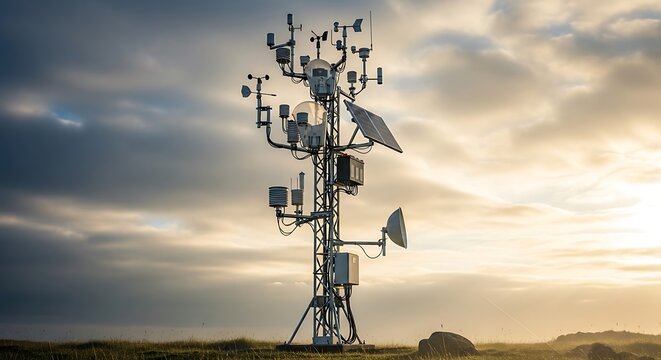 Tall telecommunications tower equipped with multiple antennas and satellite dishes stands against a backdrop of a cloudy, dramatic sky at sunset.