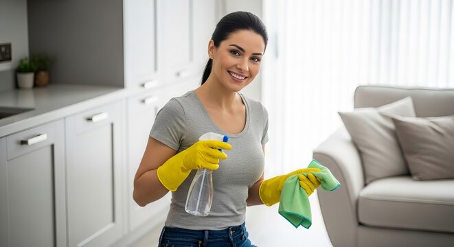 Cleaning Housekeeping and Domestic Work a smiling woman wiping surfaces in a modern living room interior Hygiene Sanitation and Home Care demonstrating effective cleaning practices with spray bottle
