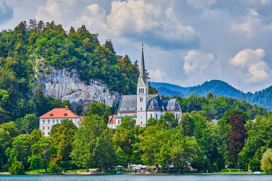 St. Martin's Parish Church in the city of Bled, the current neo-Gothic church was built in 1905 at the site of the former Gothic church from the 15th century, Lake Bled, Slovenia, Central Europe