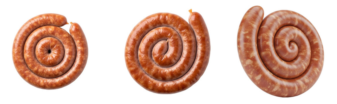 Three spiral shaped sausages on transparent background