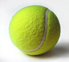 Close-up bright yellow fuzzy tennis ball on white background with visible seam and soft shadow, playful energetic sporty mood