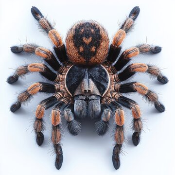 top-down close-up of a large fluffy orange and black tarantula with eight splayed hairy legs and patterned abdomen, evoking awe and cautious intrigue