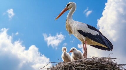 Fototapeta premium Elegant white stork standing proudly on the nest with two fluffy chicks under a bright blue sky filled with soft clouds during a sunny day in nature