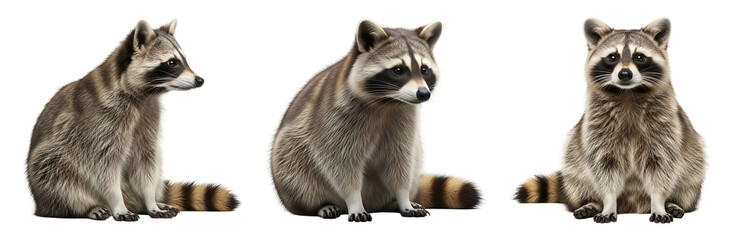 Obraz premium Three raccoons sitting on transparent background looking around curiously