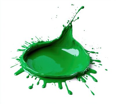 vibrant green paint splash forming a crown-like puddle with glossy droplets and dynamic motion on a white background, evoking energy and freshness