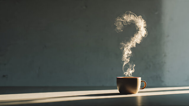 Coffee cup with steam in the shape of a question mark