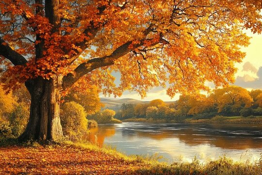 large oak tree with golden autumn leaves arching over a calm reflective river, sunlit grassy bank and distant tree-lined hills in a peaceful tranquil scene
