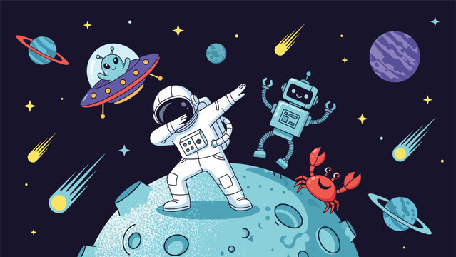 Cool astronaut dabbing on the moon in a vibrant pixel art space scene with aliens, robots, and various celestial bodies.