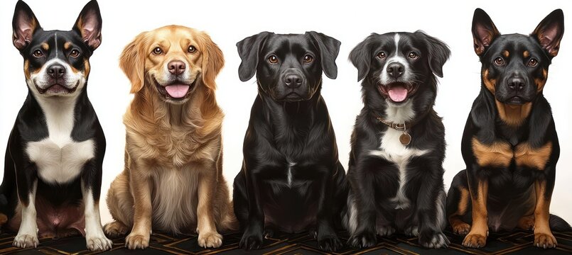 Five dogs sitting in a row on a white background, mixed coat colors with attentive and cheerful expressions