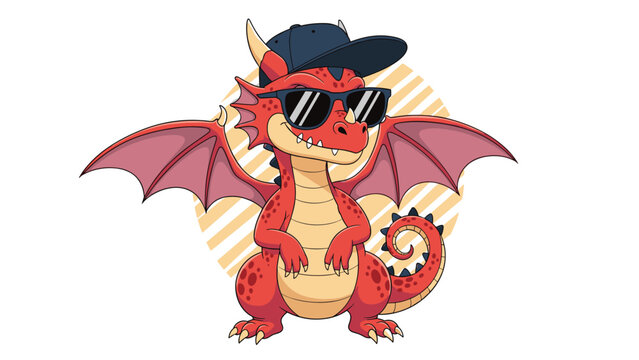 Cool red dragon character wearing a blue cap and black sunglasses standing in front of a striped sun in a fun cartoon illustration for posters.
