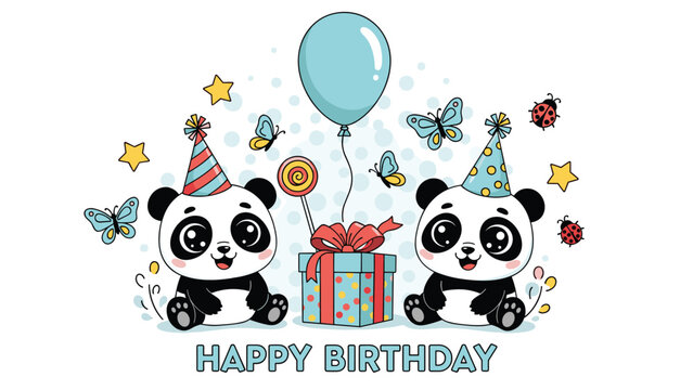 Two cute panda characters celebrating a birthday with a gift box, balloon, lollypop, and colorful butterflies in a fun illustration card design.
