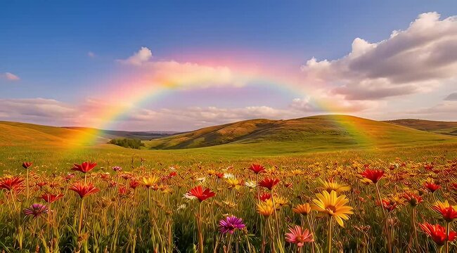 Vibrant rainbow over spring flower meadow, colorful wildflowers in rolling green hills landscape, idyllic summer nature scenery with blue sky