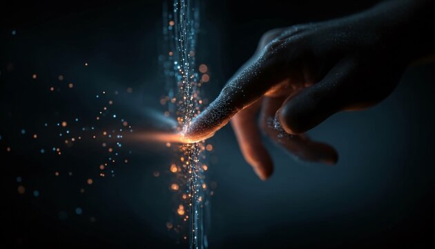 A hand touching a sparkling digital interface with glowing particles and a dark background