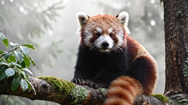 A red panda sits calmly on a mossy tree branch in a foggy forest, looking directly at the viewer with its distinctive fur.