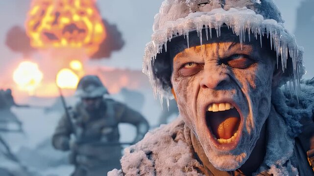 Frozen Undead Soldier with Icicles in Winter Warzone