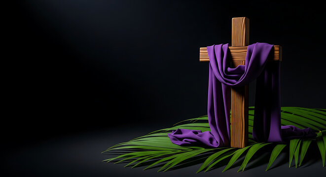 A solemn Easter scene with a purple cloth draped over a wooden cross on a palm branch in a dark setting