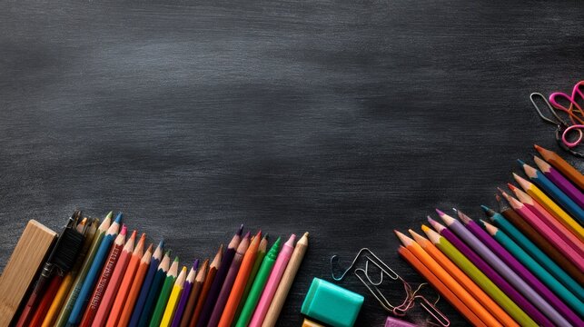 School supplies and educational tools arranged on blackboard background with science and learning concept, study materials for classroom, back-to-school, and academic inspiration