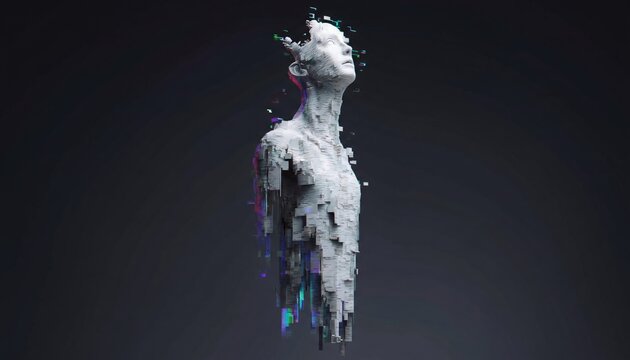 A futuristic digital illustration of a human figure disintegrating into pixels against a dark background
