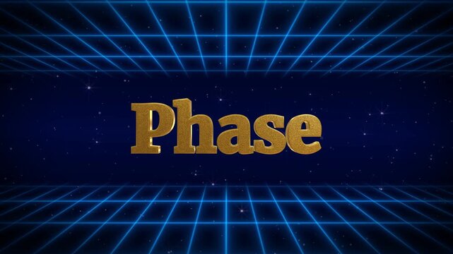 Golden 3d text animation of 'd6 has phase' on blue neon grid background with starry night sky