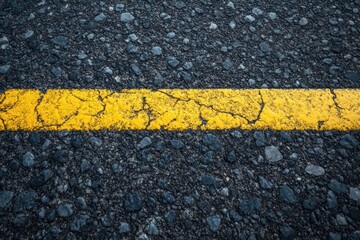 Fototapeta premium close-up of a cracked yellow road line across rough asphalt with gritty worn texture and weathered urban surface