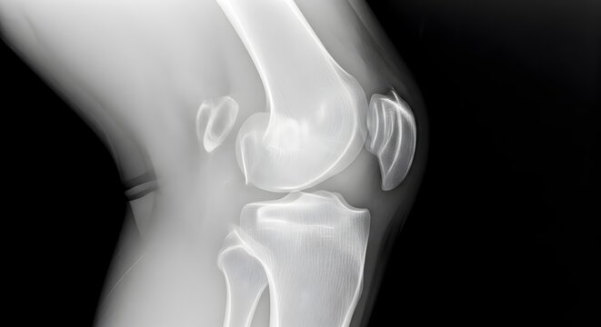Human Knee Joint X-ray Showing Femur, Patella, Tibia, and Fibula Bones