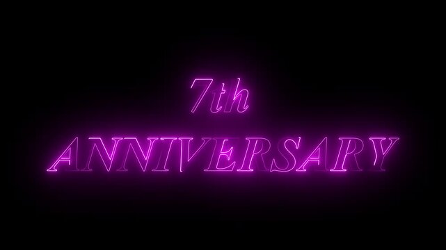 Congratulations 7th anniversary neon text animation. Violet color neon text on black background. 4k animation video .