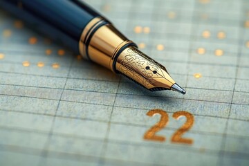 Fototapeta premium close-up of an ornate gold fountain pen nib on gridded paper marked with the number 22 in gold ink, elegant focused mood